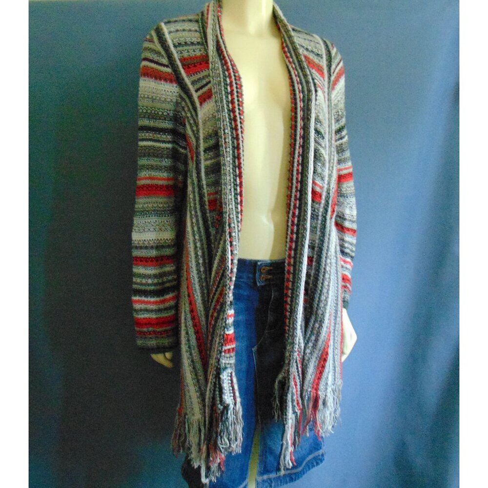 Zozo Red Gray Striped Cotton Blend Long Fringed Cardigan 1X - Picture 2 of 12